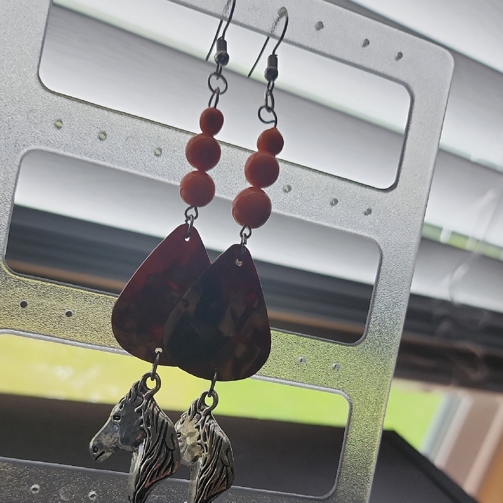 Handmade Silver and Brown Horse Dangle Earrings